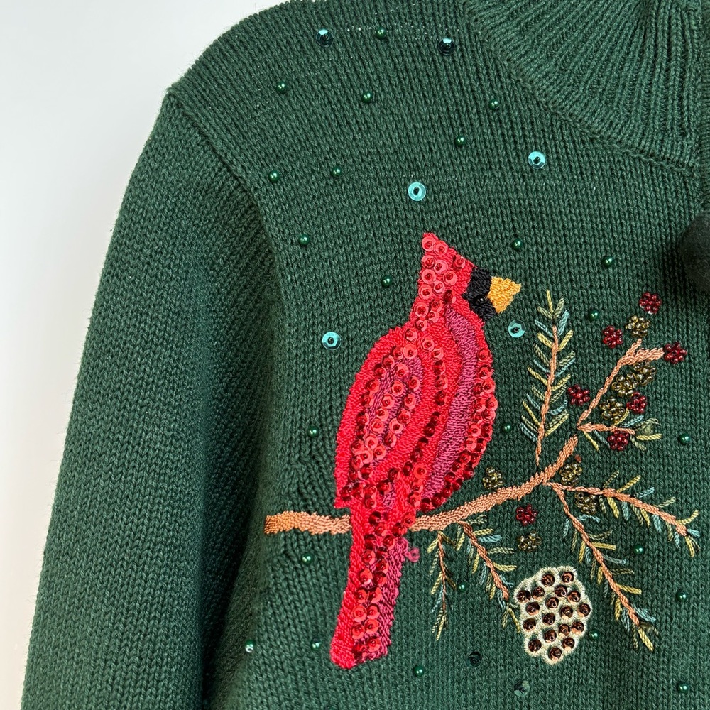 VTG Cardinal Winter Holiday Christmas Sweater Zip-up Cardigan Beaded Sequins Med - Picture 6 of 14